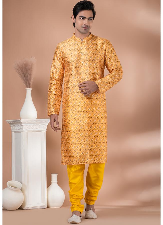 Mono Yellow Festival Wear Crochet Work Kurta Pajama